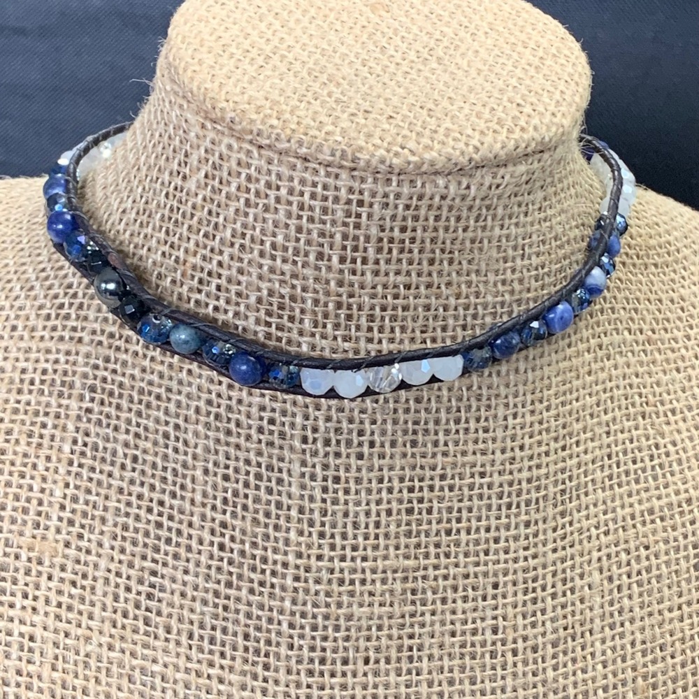 Blue White Beaded Leather Wrap Choker Necklace Celtic Knot Button 14-16 Inch